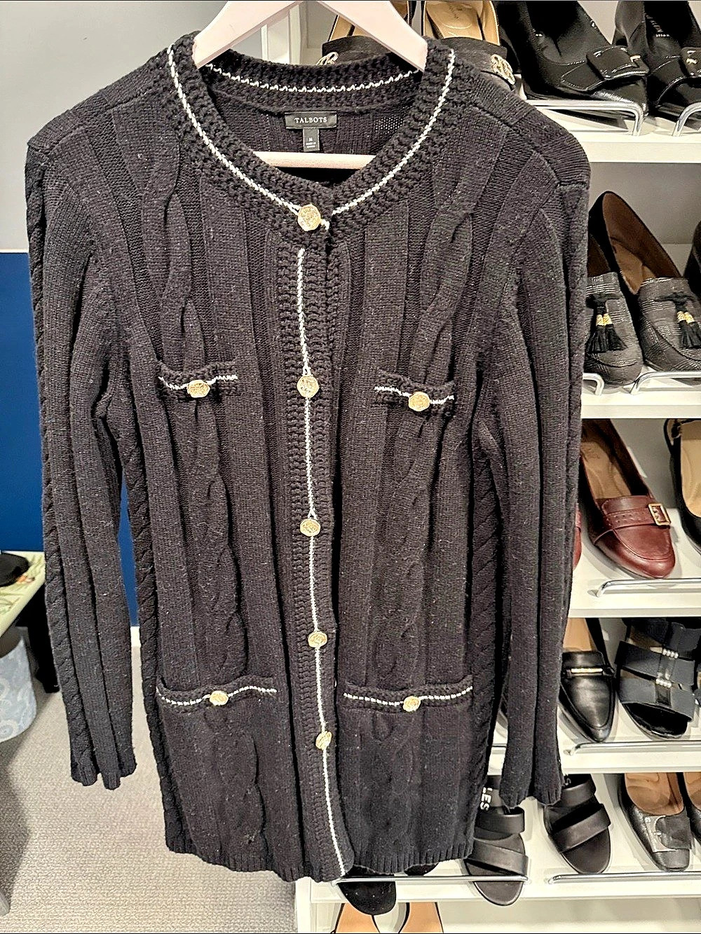 Talbots Cable Knit Cardigan - Tipped in Black Size Medium